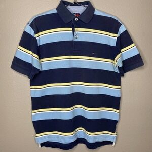 Tommy Hilfiger Blue White Striped 100% Cotton Short Sleeve Polo Shirt Sz S